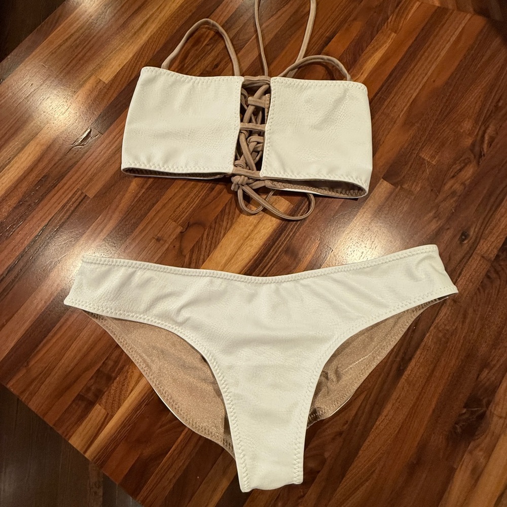 NWOT Savage Swim White Leather & Gold Reversible Bikini